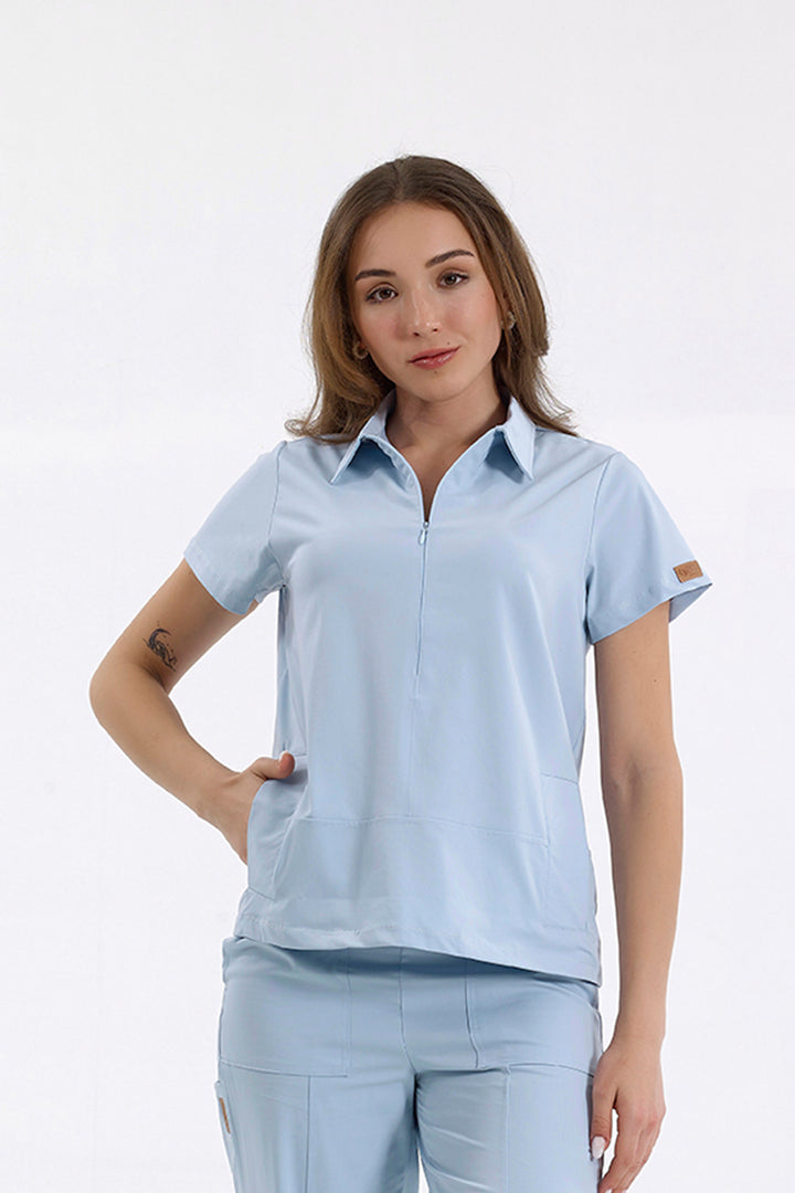 MEDİNİLLA Tek Üst Yandan Cepli Gizli Fermuar Polo Yaka Doktor/Hemşire Cerrahi Forma Bebe Mavi